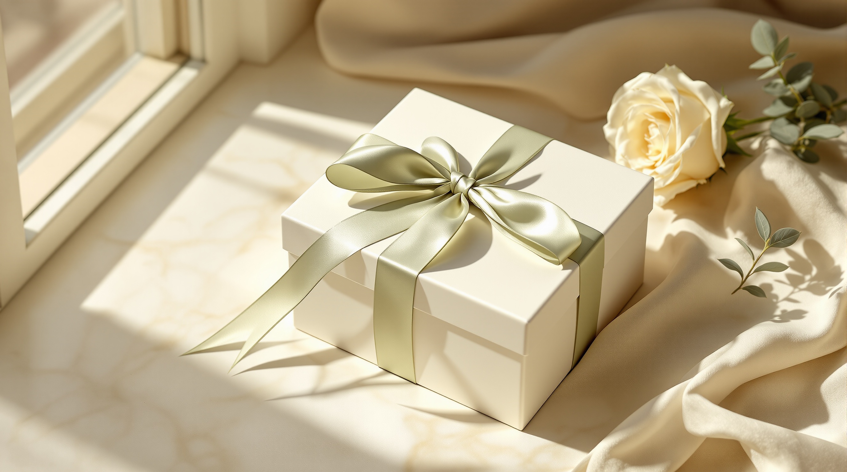 A cream gift box with sage green silk ribbon on warm marble, Vienna afternoon light — rosé floral studio packaging
